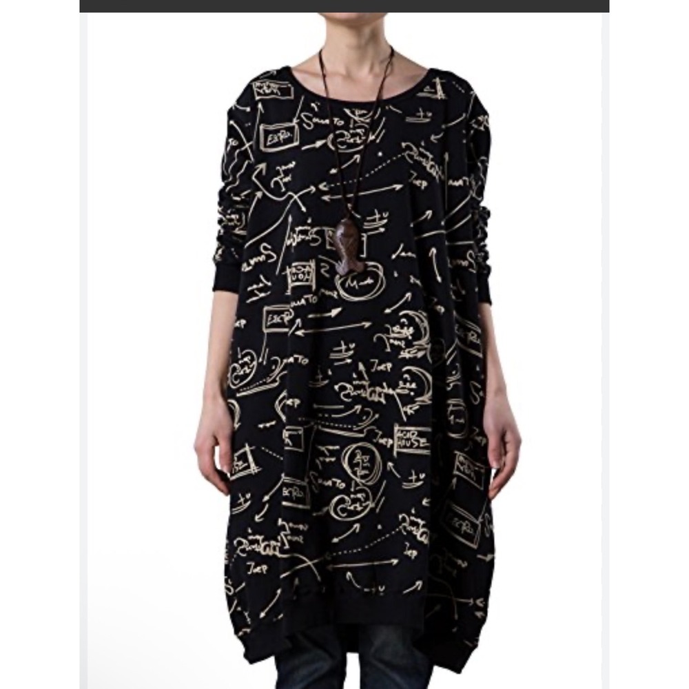Minibee Cotton Graffiti Doodle Print Long Tunic Sweatshirt Tunic Dress Lagenlook